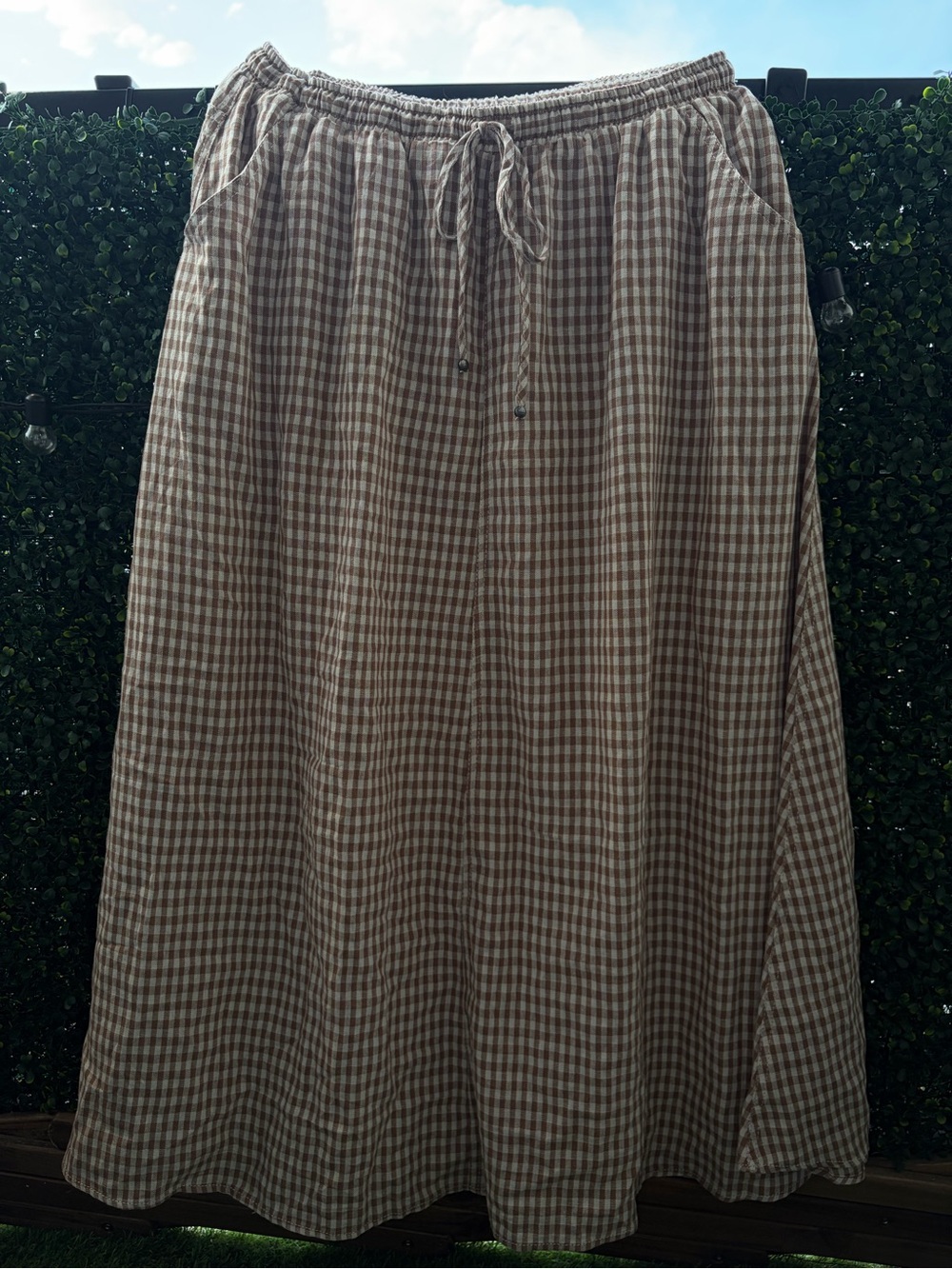 Max Studio Brown and Cream Gingham Drawstring Maxi Skirt